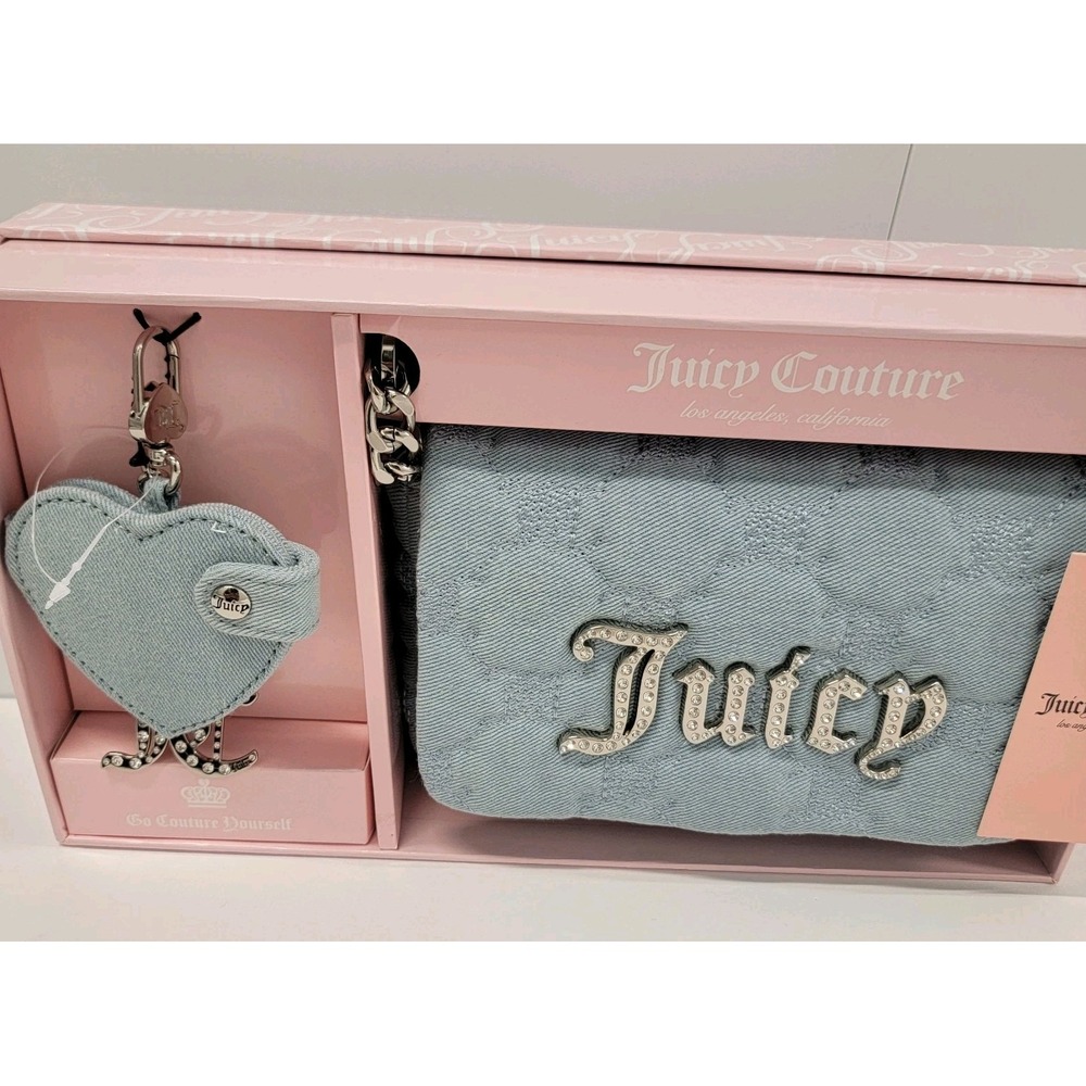 NEW! Juicy Couture Gothic Denim Crossbody Bag & Mirror Bling Keychain Boxed Set